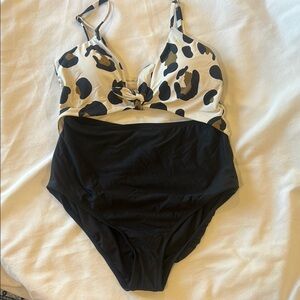 Modern Black and White One Piece Swimsuit with Plunging V-neck